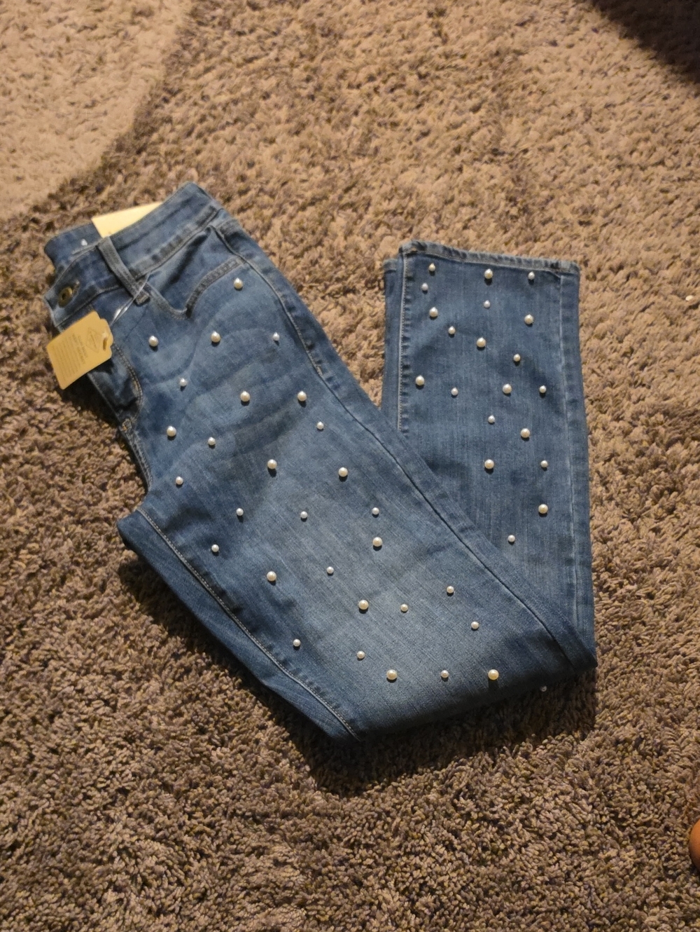 Pearl-Embellished Blue Skinny Jeans for Women